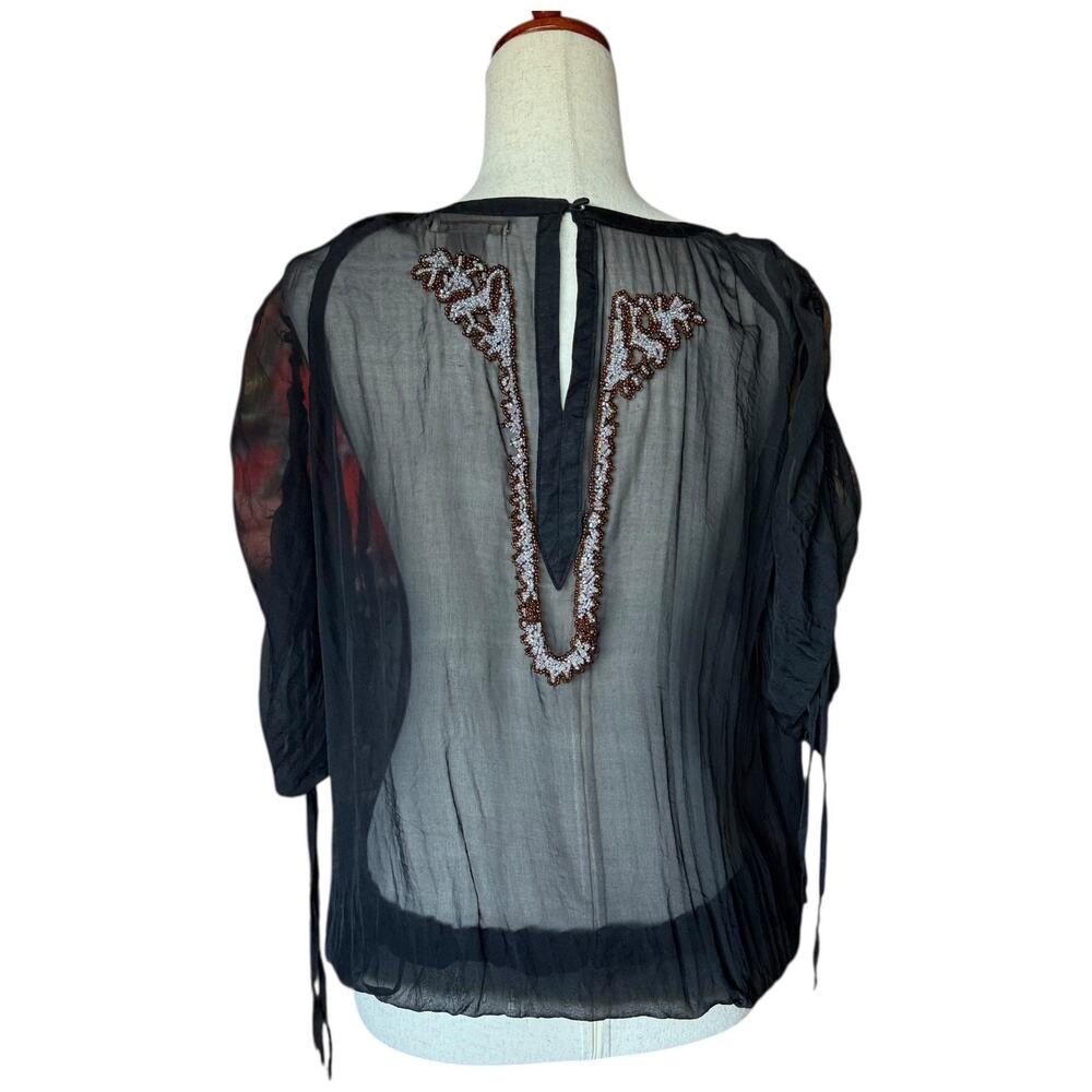Gold Hawk Vintage Beaded Blouse Silk Sheer Black Top Boho  L - Picture 2 of 15